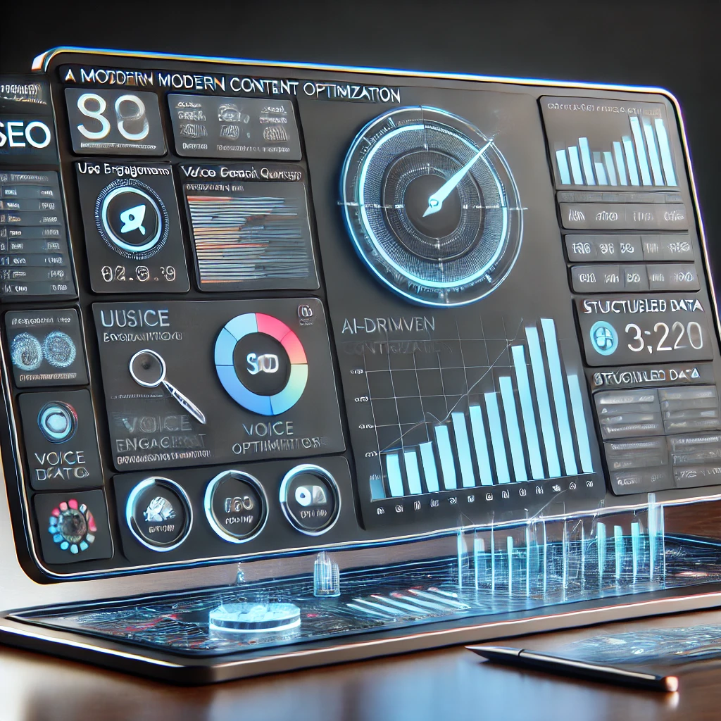 Un panel de control de SEO moderno y fotorealista que muestra varias métricas relacionadas con la optimización de contenido impulsado por IA, como el compromiso del usuario, las consultas de búsqueda por voz y la efectividad de los datos estructurados, con gráficos interactivos y actualizaciones de datos en tiempo real.