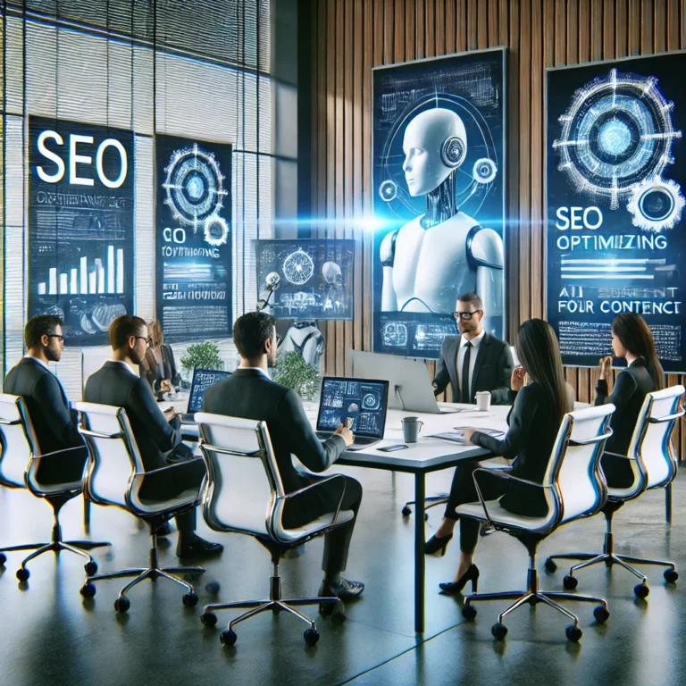 Un equipo de profesionales de SEO en una oficina moderna, discutiendo estrategias para optimizar contenido para plataformas de IA, con pizarras digitales, pantallas de computadora mostrando análisis y herramientas tecnológicas avanzadas.
