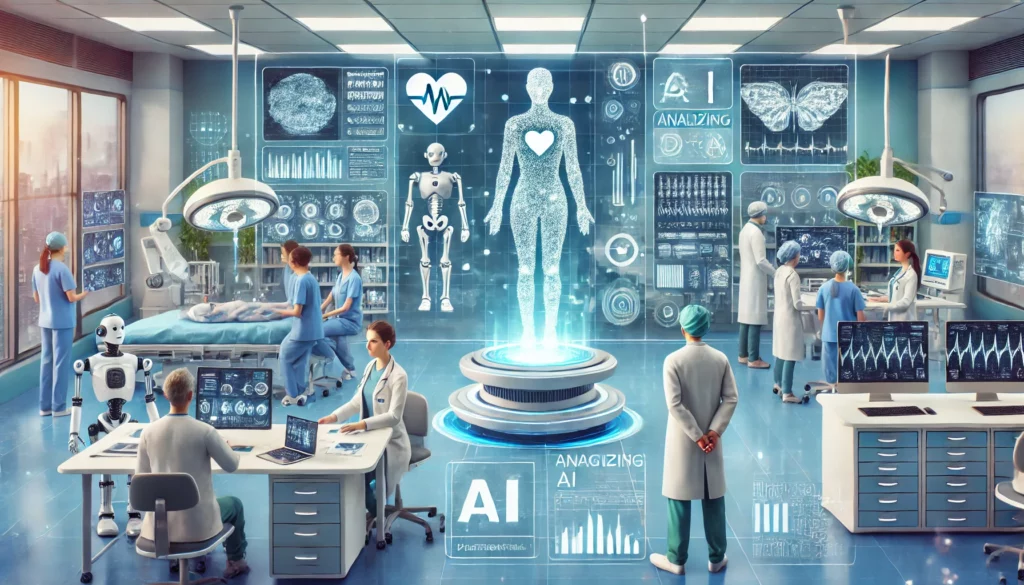 Representa un hospital futurista donde los médicos y los sistemas de IA trabajan juntos para analizar datos médicos y tratar a los pacientes.