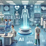 Representa un hospital futurista donde los médicos y los sistemas de IA trabajan juntos para analizar datos médicos y tratar a los pacientes.