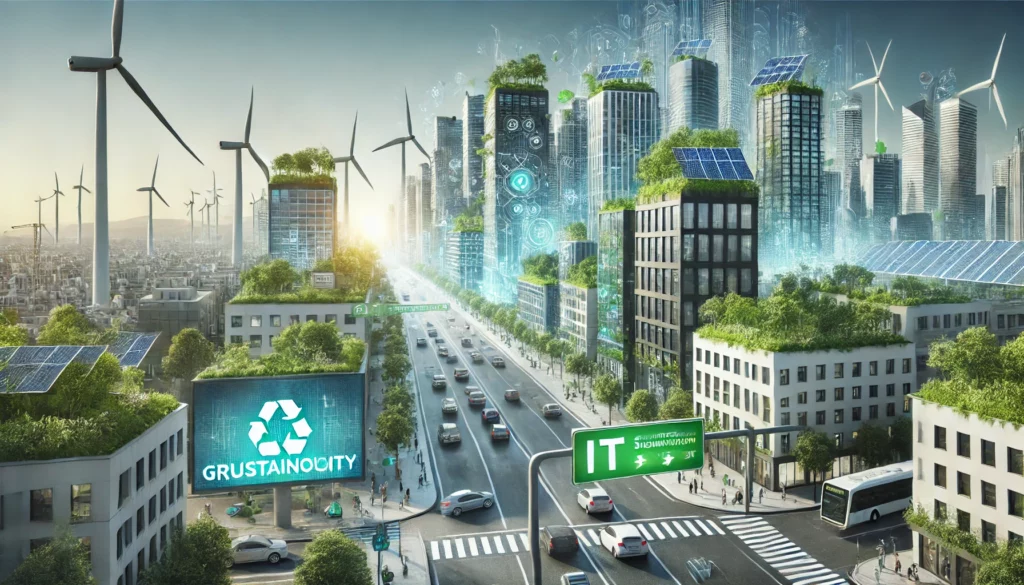 A cityscape blending eco-friendly IT infrastructure with renewable energy. Buildings have green rooftops and solar panels, while streets show electric