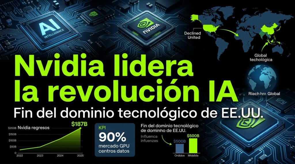 Nvidia lidera IA: fin del dominio EE.UU. en tecnología 2 Nvidia lidera revolución IA con alianzas Meta, OpenAI; fin dominio EE.UU. en chips y tecnología global. Gráfico impacto merca