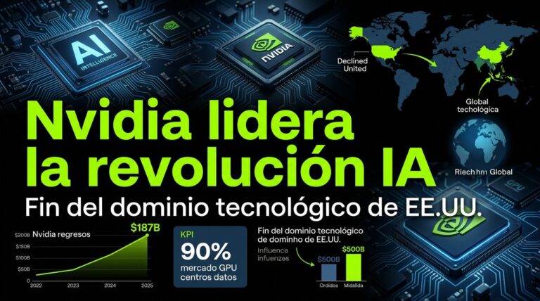 Nvidia lidera revolución IA con alianzas Meta, OpenAI; fin dominio EE.UU. en chips y tecnología global. Gráfico impacto merca