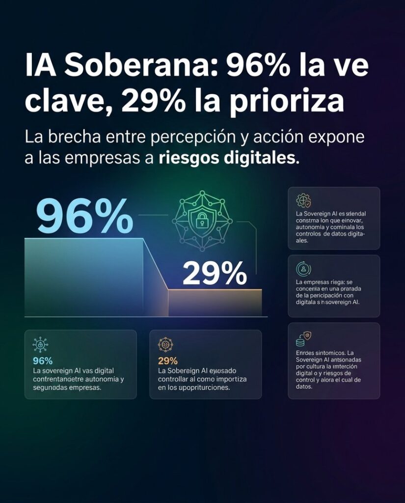 Gráfico: IA Soberana, 96% la ve clave vs 29% que prioriza. Discrepancia estratégica en inteligencia artificial.