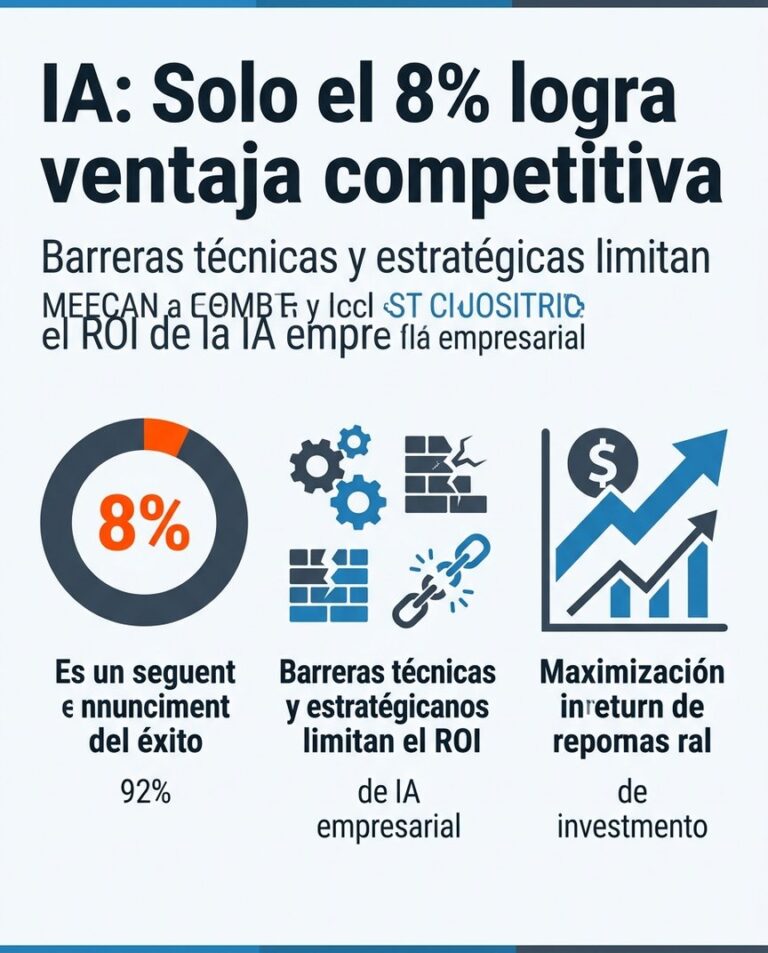 IA en empresas: solo el 8% logra ventaja competitiva. Ilustración de desafíos y claves para el éxito estratégico con IA.